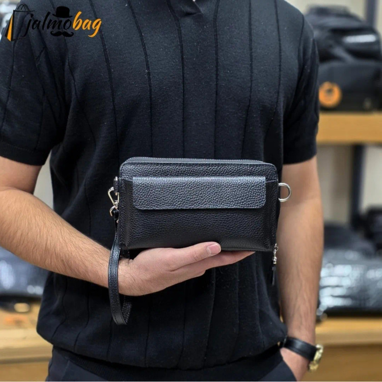 کیف دستی و دوشی چرم طبیعی ظفر دارای بند مچی و بند بلند قابل تنظیم