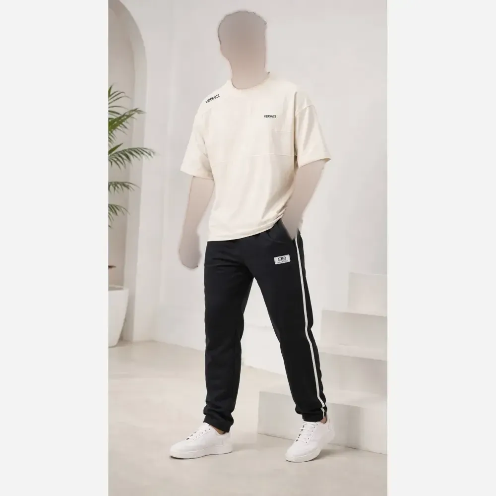 ست تیشرت و شلوار مردانه ورساچ پنبه ماکان نخ اعلا رنگ مشکی کرمی غازی سایز 2XL و 3XL