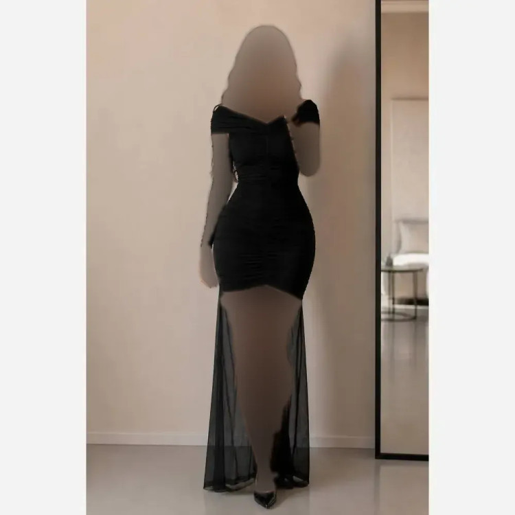 پیراهن مجلسی مشکی جنس فلامنت و تور قد 150 سایز 36 تا 46