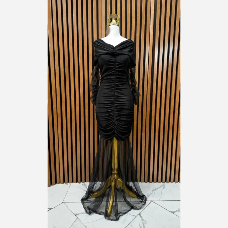 پیراهن مجلسی مشکی جنس فلامنت و تور قد 150 سایز 36 تا 46