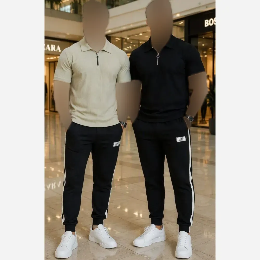 ست تیشرت کبریتی و شلوار اسپان نخ مردانه سایز بزرگ جیب زیپ دار