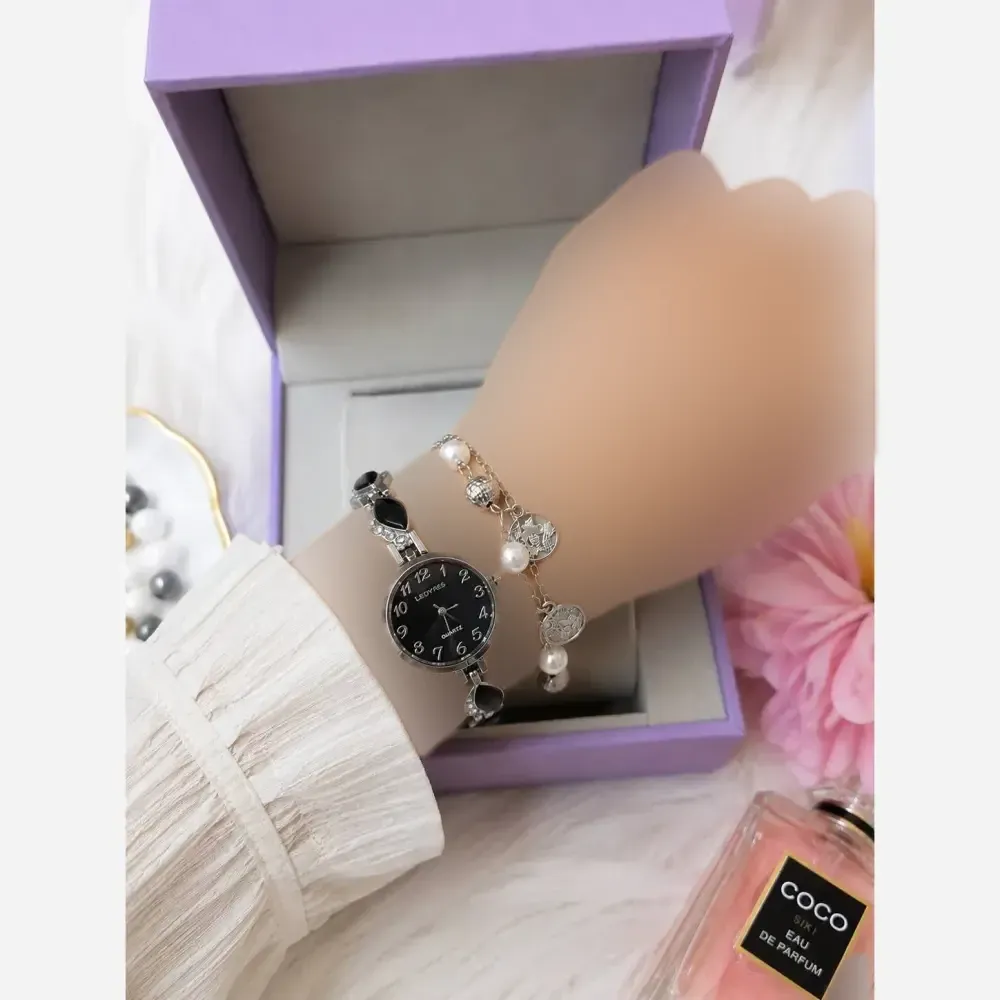 ست ساعت مچی زنانه بند استیل با دستبند و جعبه کادویی
