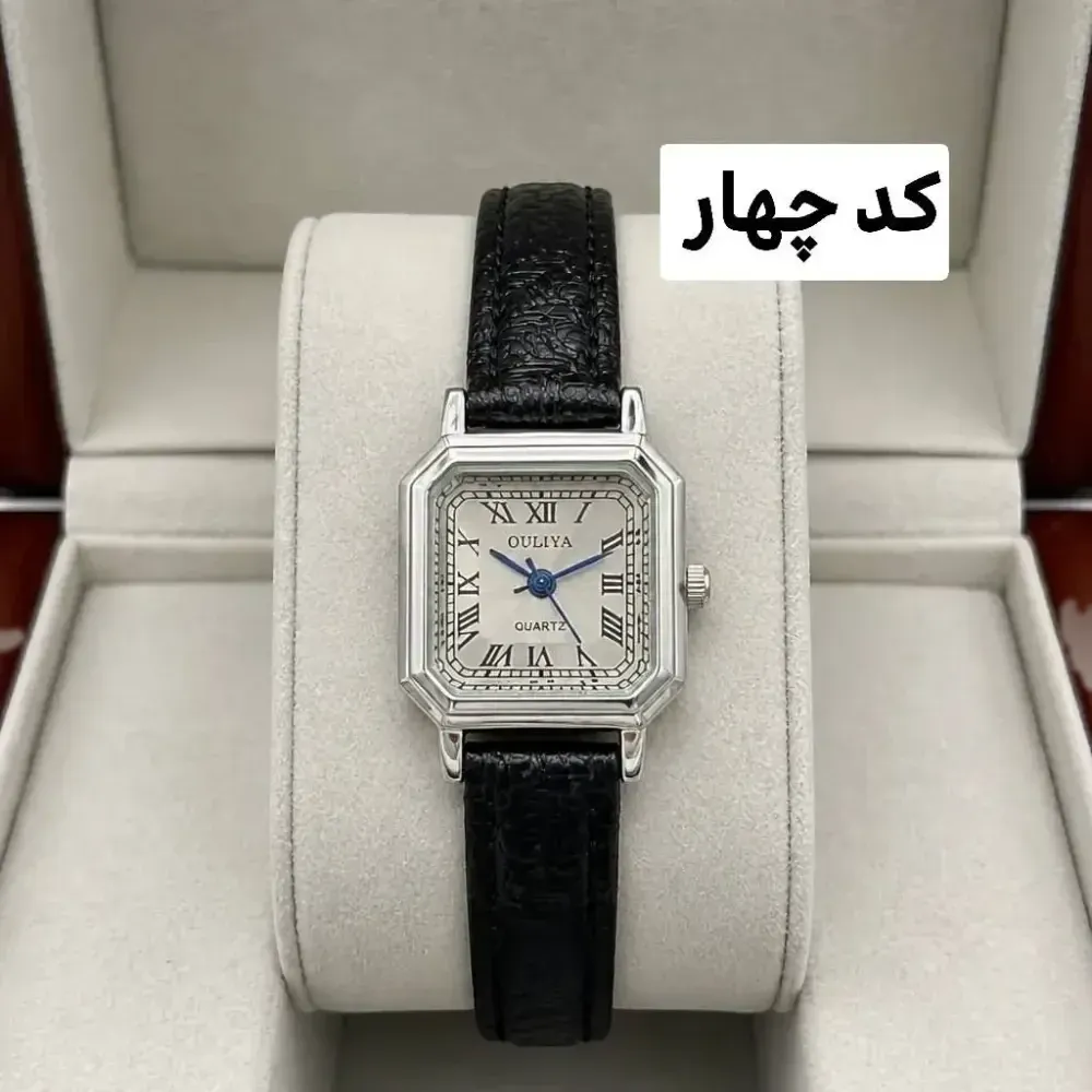 ساعت مچی زنانه دخترانه بند چرمی صفحه مستطیل اعداد یونانی موتور کوارتز
