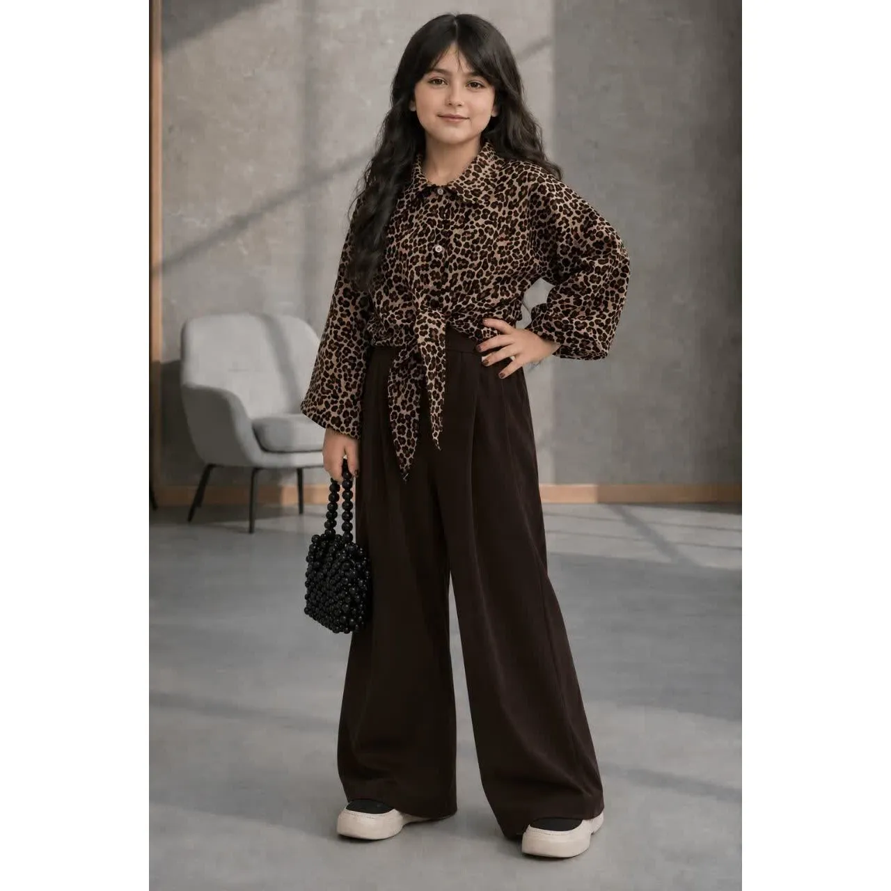 ست شومیز گره ای پلنگی و شلوار بگ دخترانه سایز 9 تا 15 سال