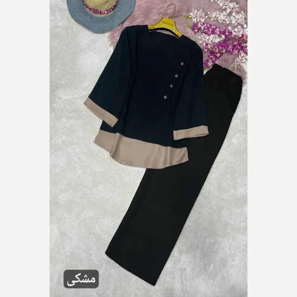شومیز شلوار گلشید شانتون مشکی سبز فری سایز 38 تا 46