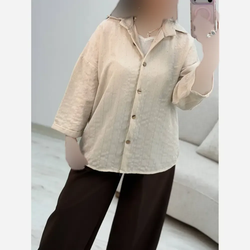 شومیز مراکشی مهشید شانتون کوک دوزی فول نگین فری سایز نسکافه ای پسته ای کنفی