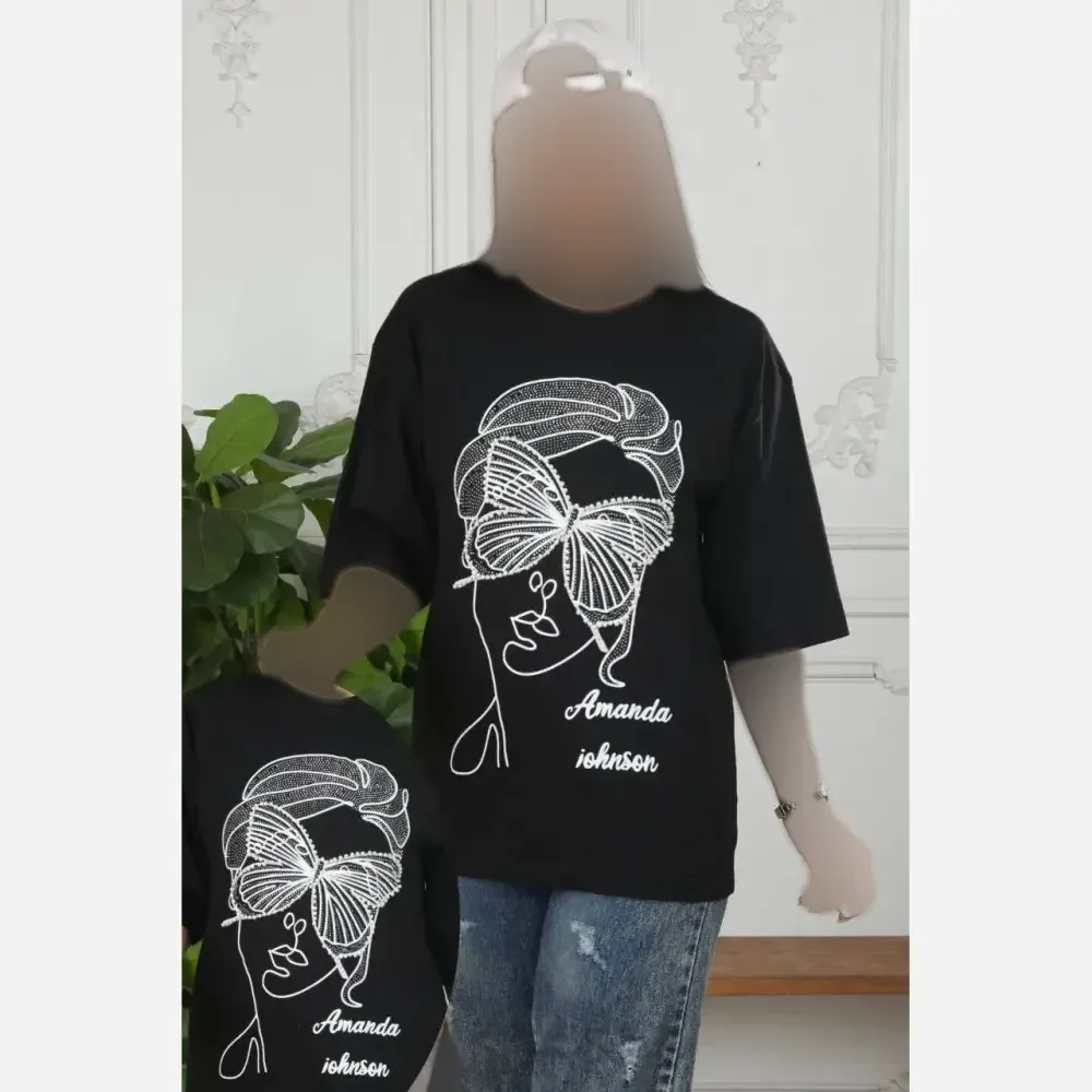 تیشرت چشم مروارید نخ پنبه باکیفیت مشکی فری تا 48