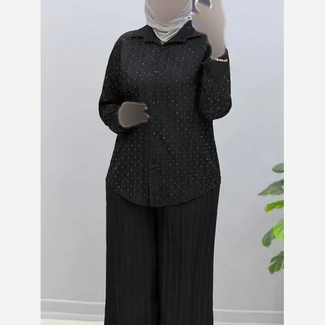 ست تونیک شلوار نگین کاری شده جنس شانتون صوفیا فری سایز