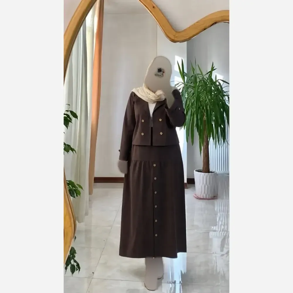 کت دامن جلو دکمه سروناز جنس لنین اعلا فری سایز زنانه