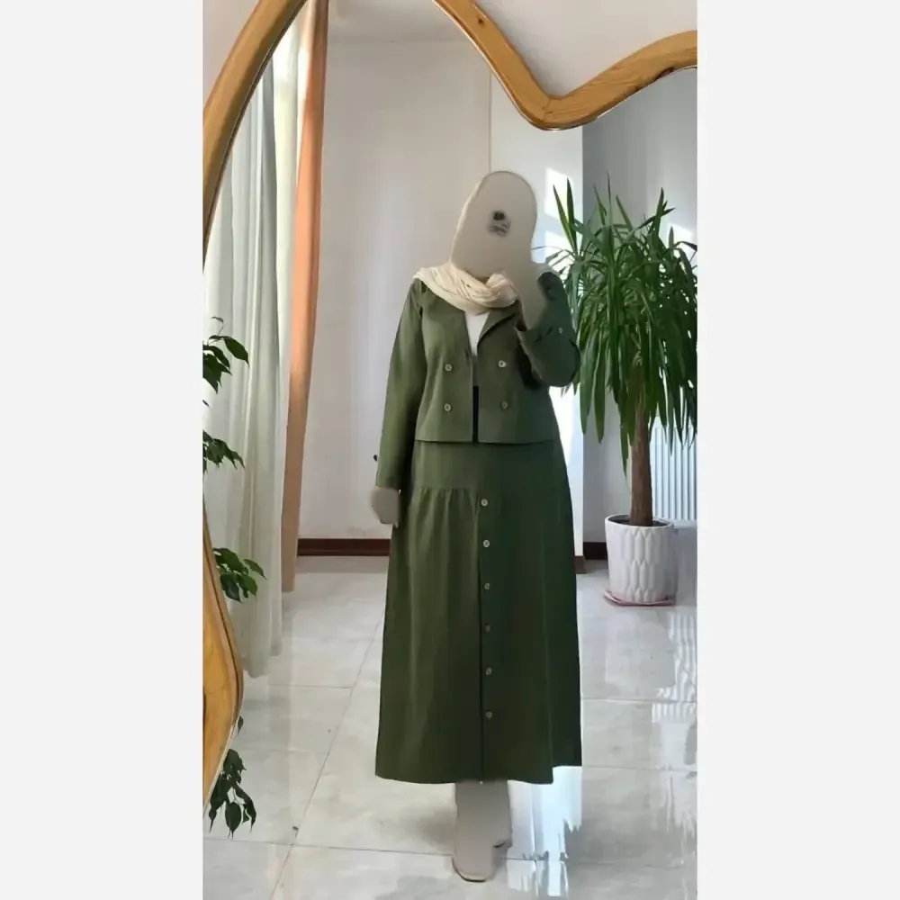 کت دامن جلو دکمه سروناز جنس لنین اعلا فری سایز زنانه
