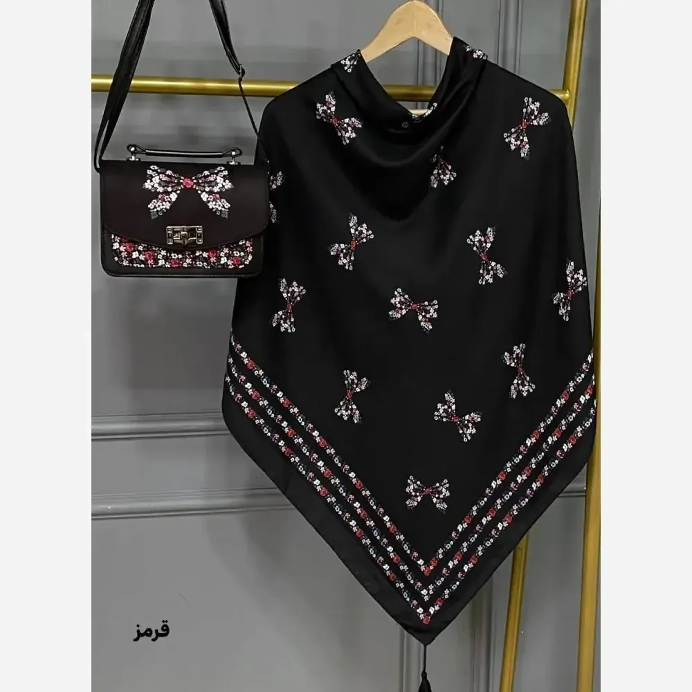 ست کیف و روسری پاپیون رز نخی منگوله دار مخمل چرم صنعتی 130