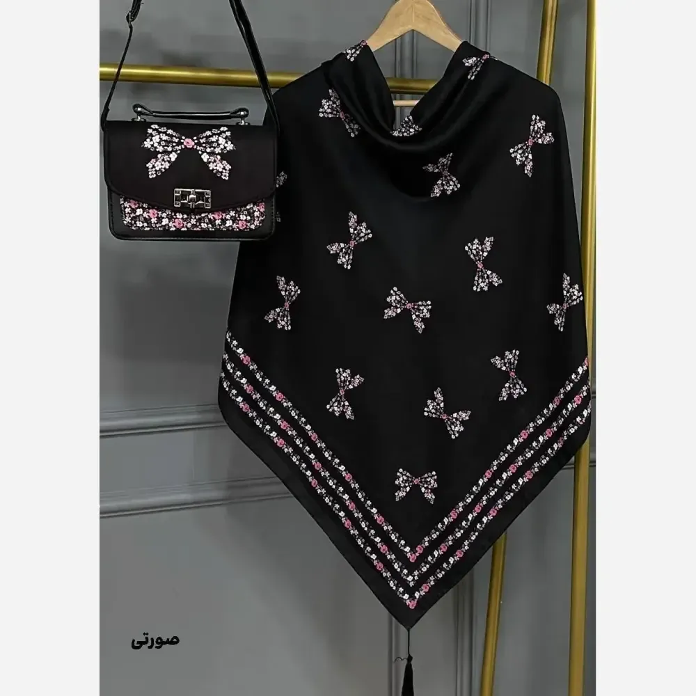 ست کیف و روسری پاپیون رز نخی منگوله دار مخمل چرم صنعتی 130