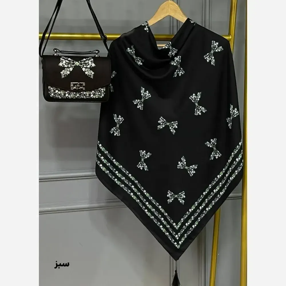 ست کیف و روسری پاپیون رز نخی منگوله دار مخمل چرم صنعتی 130