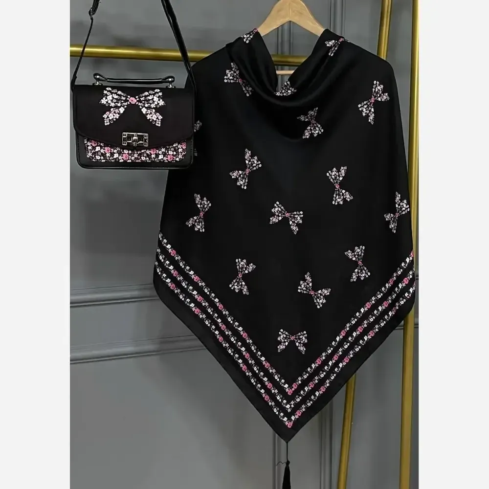 ست کیف و روسری پاپیون رز نخی منگوله دار مخمل چرم صنعتی 130