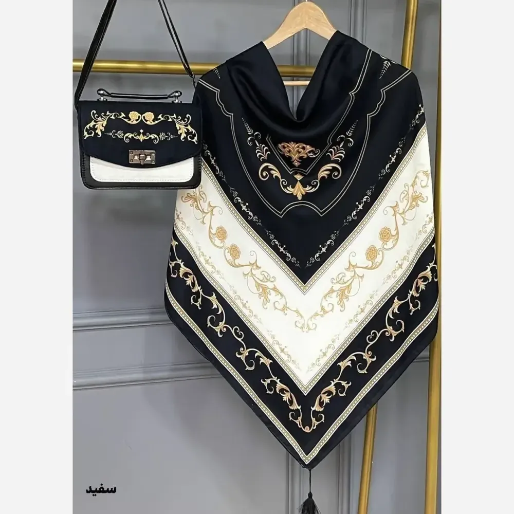 ست کیف و روسری سلینا مخمل چرم نخی منگوله دار سفید بادمجانی