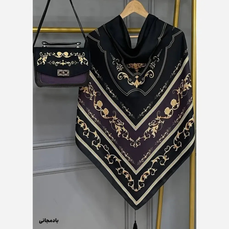 ست کیف و روسری سلینا مخمل چرم نخی منگوله دار سفید بادمجانی