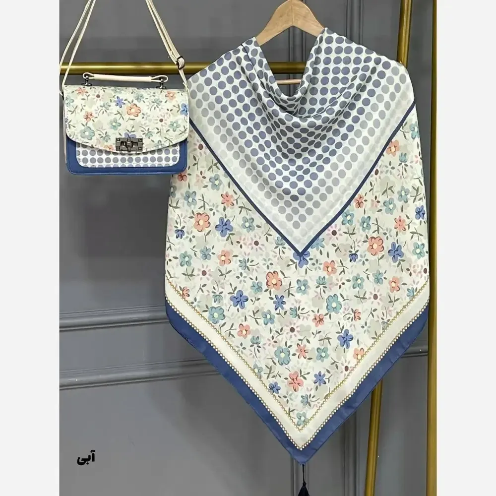 ست کیف و روسری هلن نخی منگوله دار مخمل و چرم صنعتی صورتی سبز آبی