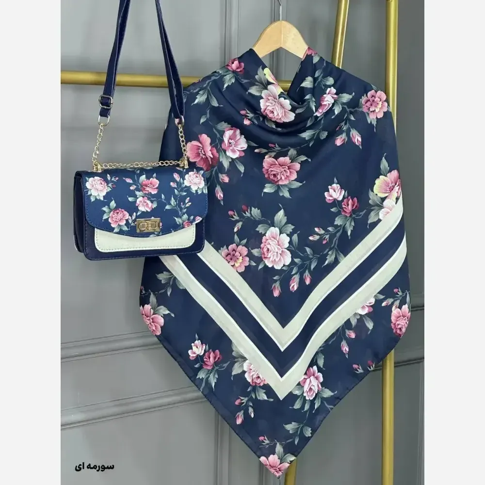 ست کیف و روسری گلفام مخمل و چرم صنعتی نخی منگوله دار قواره 130