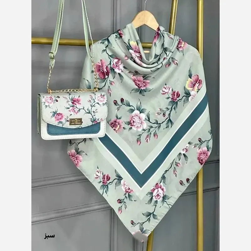 ست کیف و روسری گلفام مخمل و چرم صنعتی نخی منگوله دار قواره 130