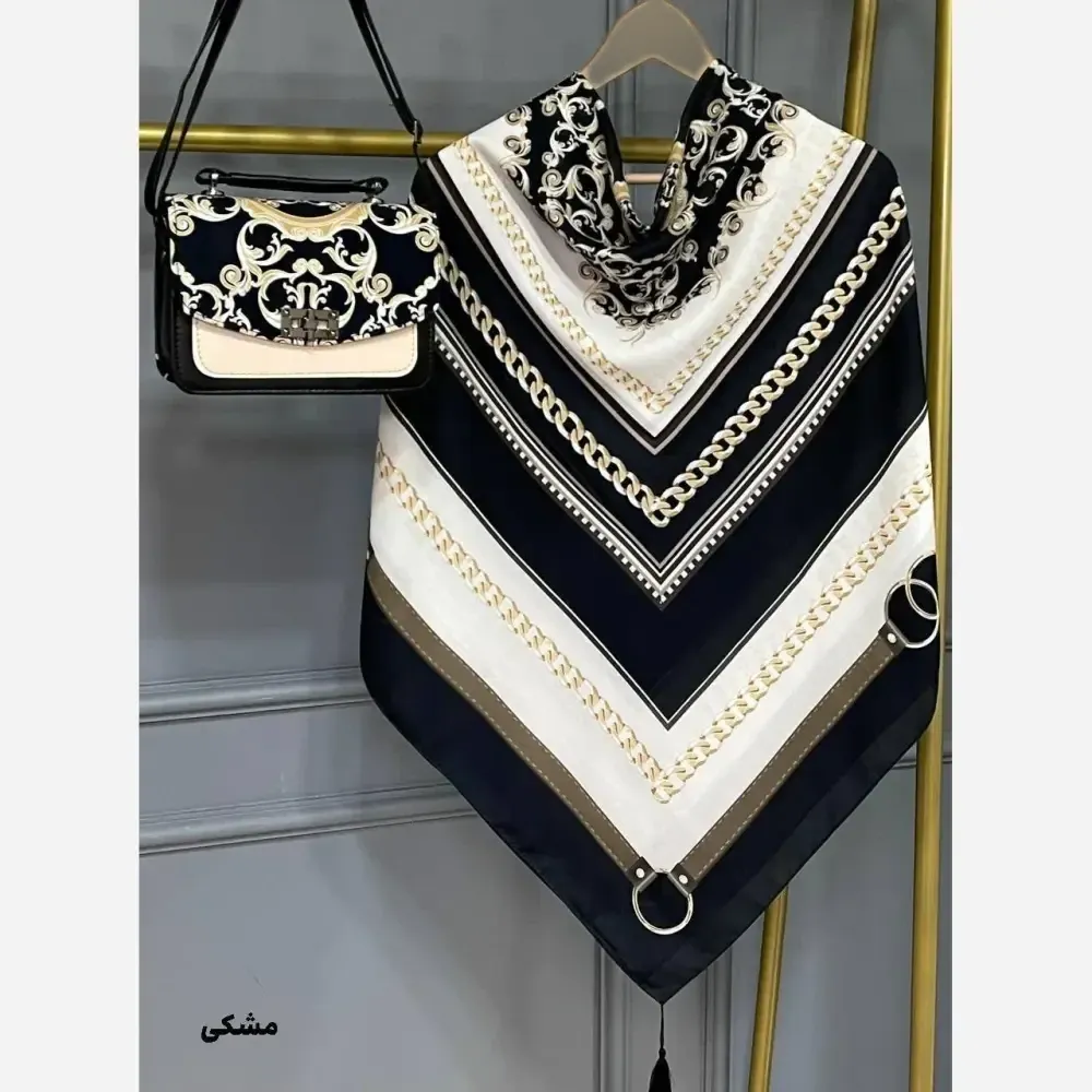 ست کیف و روسری گالریا مخمل و چرم صنعتی نخی منگوله دار مشکی سبز