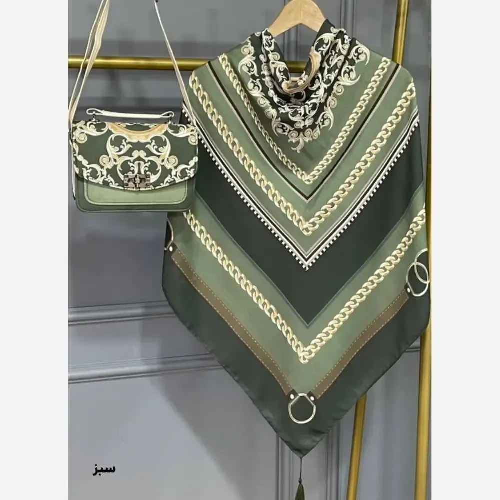 ست کیف و روسری گالریا مخمل و چرم صنعتی نخی منگوله دار مشکی سبز
