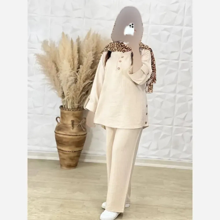ست شومیز و شلوار بغل دکمه زنانه جنس سوپر شانتون درجه یک فری سایز