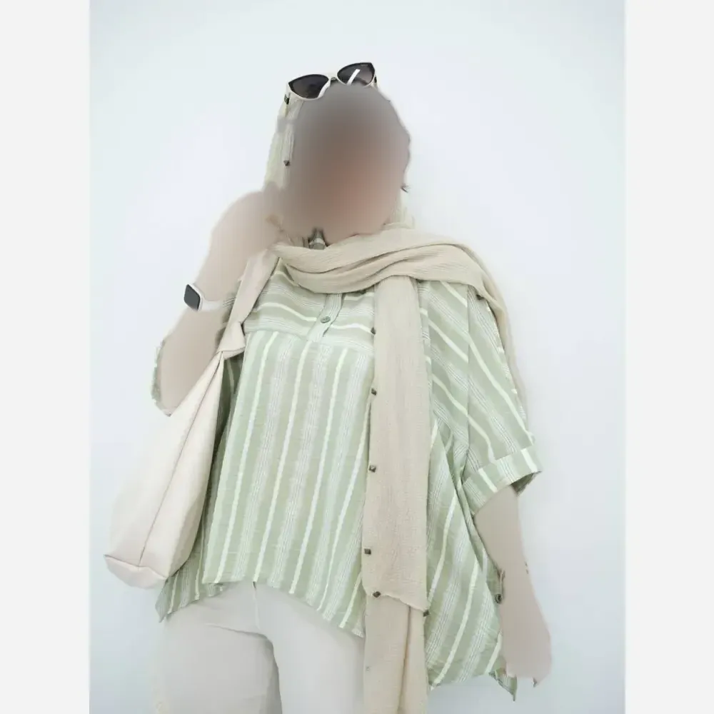 پانچ لنین بغل دکمه فری سایز تا 50 زنانه جنس لنین ژاکارد آبی سبز