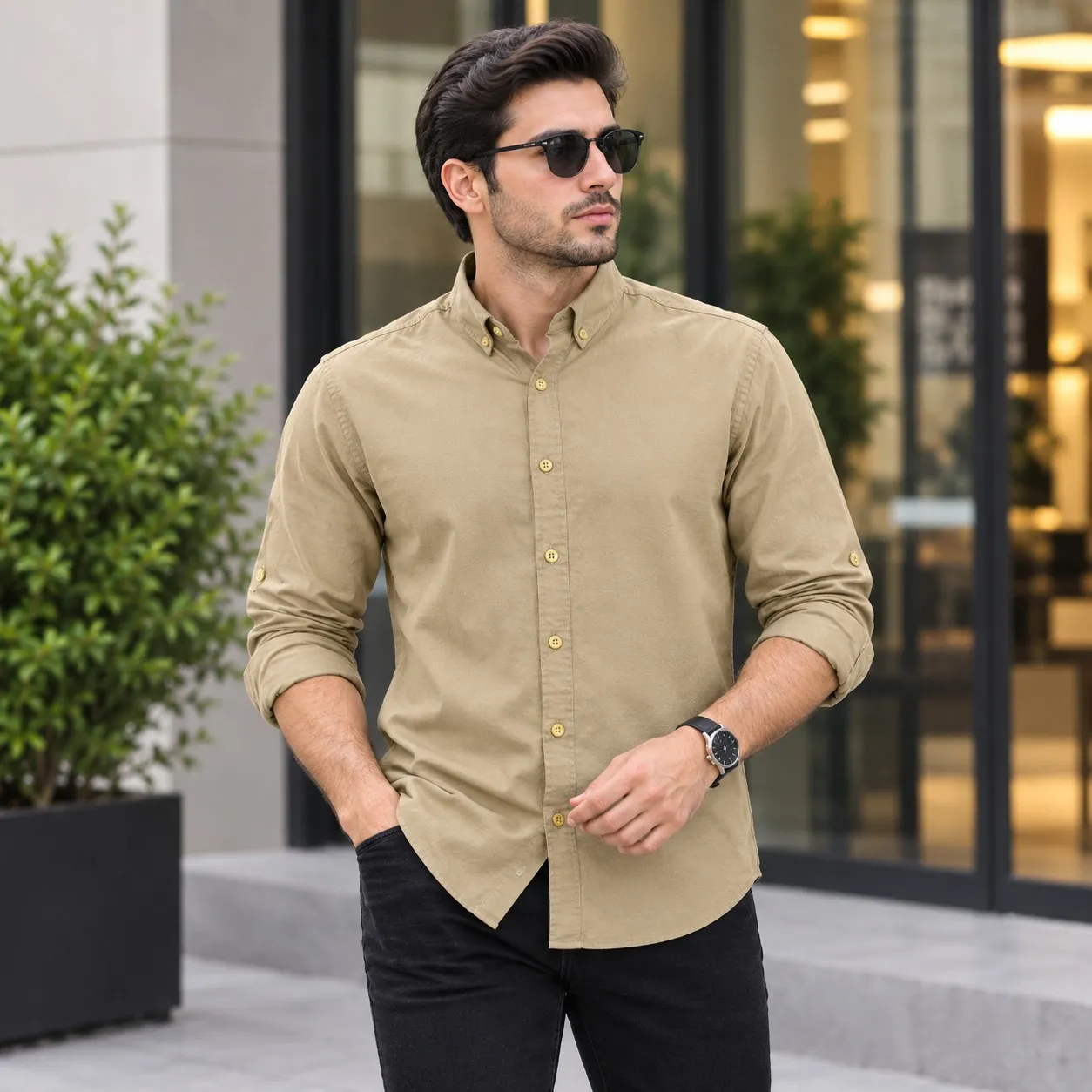 پیراهن جین کاغذی مردانه آستین بلند اسپرت رنگ آبی