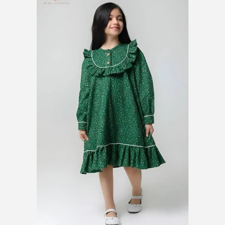 پیراهن کتان تافته دخترانه مهمونی تولد بیرونی رنگ سبز و قرمز سایز 2 تا 8 سال