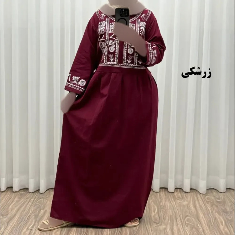 پیراهن زنانه لینن طرح مایا فری سایز مناسب تا 48 با کمربند