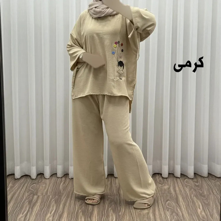 ست بلوز شلوار بادکنکی فری سایز تا 52 ابر و باد چهارفصل شیک و راحت بدون آبرفت و رنگ رفتگی