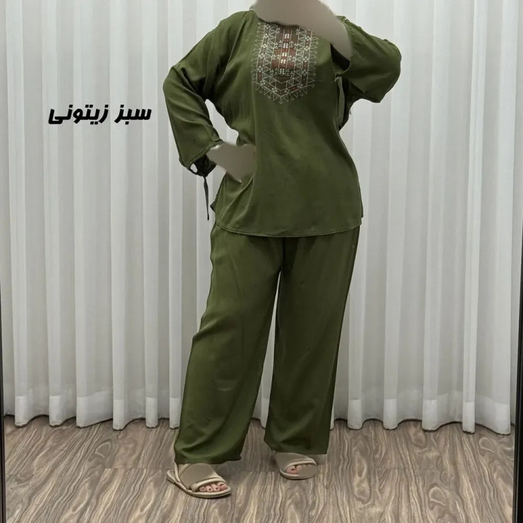 بلوز شلوار نخی مدل آیدا چاپی فری سایز مناسب تا سایز 50 شسته شده بدون آبرفت و رنگ رفت کمربند دار چهار فصل